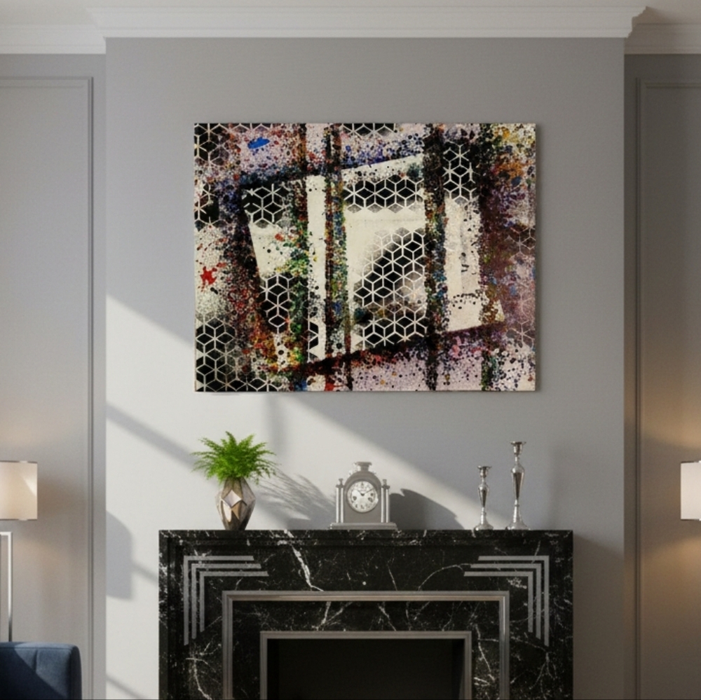 HANDCRAFTED Abstract Painting HANDPAINTED Wall Art Decor Cubism Black White